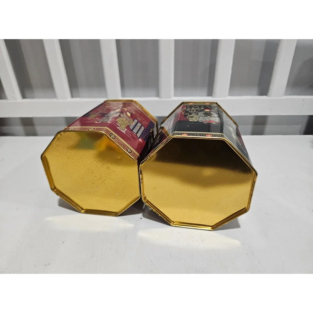 Vtg 1960s Chinoiserie Octagonal Tea Tin Set, Oriental Style Made in England